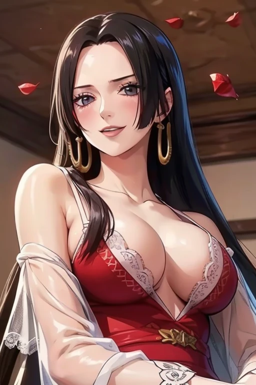 best quality, masterpiece, highly detailed,1girl,  ((rose)), (vine), cage, bandage, red rope, (detail light), falling rose petals, Boa Hancock, , (masterpiece:1.5), Detailed Photo, Smiling, Sexy, (8K, Best Quality: 1.4), (1girl), Beautiful Face, (anime realistic Face), (Black Hair, long Hair: 1.3), Beautiful Hairstyle, Realistic eyes, beautiful detail eyes, (white skin), beautiful skin, absurd, attractive, ultra high resolution, ultra realistic, high definition, golden ratio, (sexually aroused:1.5), Pinkish white skin, cool white light, sexy pose, Beautiful , white background, pink soft white light, Wear a white dress, black lace bra