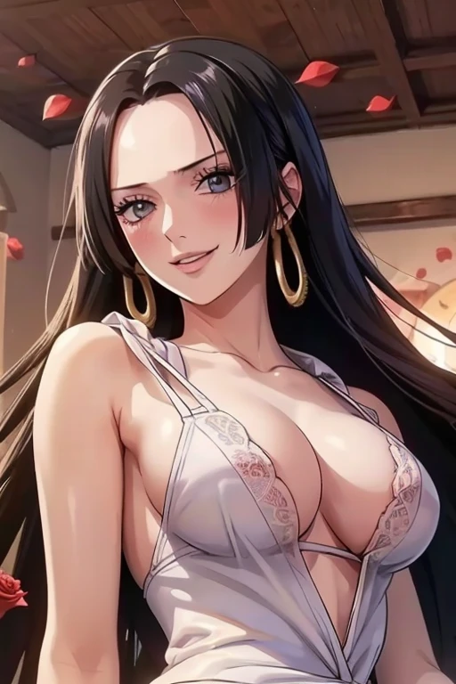 best quality, masterpiece, highly detailed,1girl, ((rose)), (vine), cage, bandage, red rope, (detail light), falling rose petals, Boa Hancock, , (masterpiece:1.5), Detailed Photo, Smiling, Sexy, (8K, Best Quality: 1.4), (1girl), Beautiful Face, (anime realistic Face), (Black Hair, long Hair: 1.3), Beautiful Hairstyle, Realistic eyes, beautiful detail eyes, (white skin), beautiful skin, absurd, attractive, ultra high resolution, ultra realistic, high definition, golden ratio, (sexually aroused:1.5), Pinkish white skin, cool white light, sexy pose, Beautiful , white background, pink soft white light, Wear a white dress, black lace bra