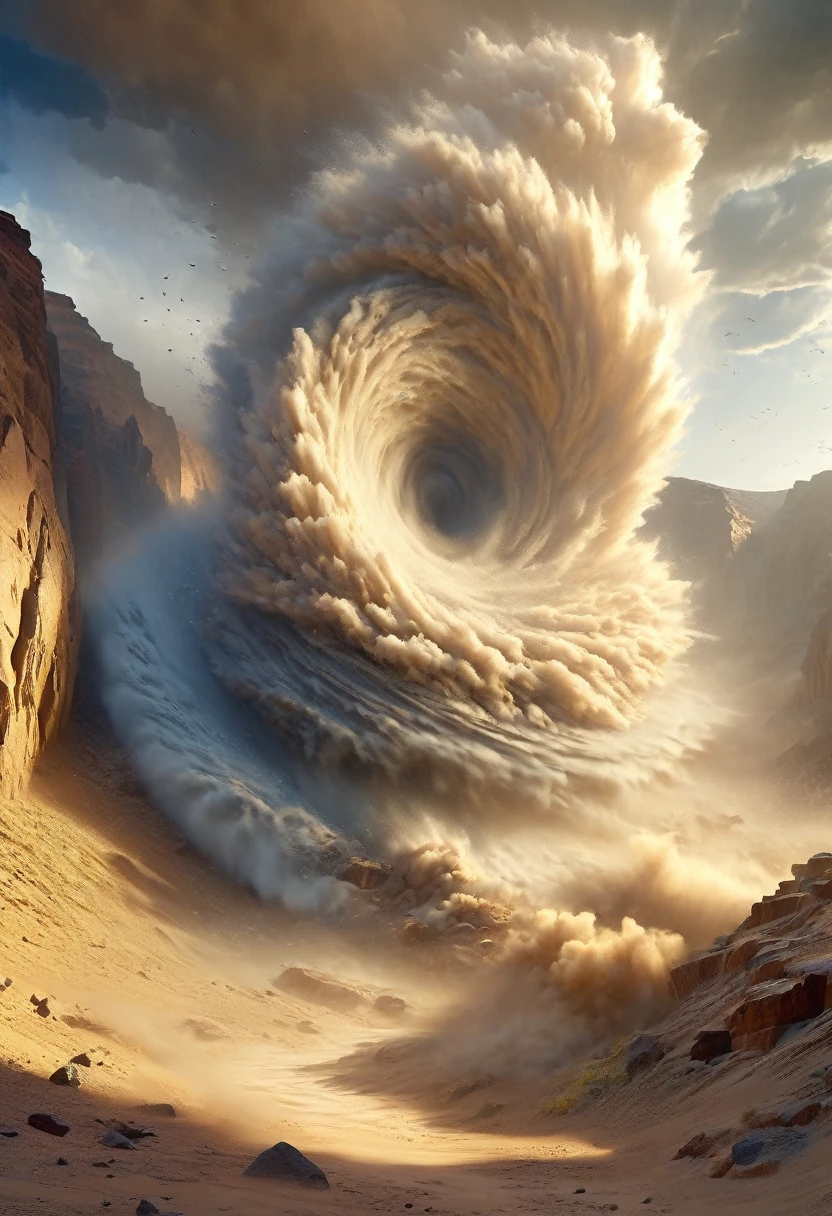 (desert canyon:1.5),Narrow canyon in the middle of the desert,sandstorm,tornado, in the style of photo realistic landscapes, Stone sculptures, cabin core, Stone, in the style of photo realistic landscapes, cabin core, rolling waves,decorative background, photo realistic landscapes, large canvas format, 32k ultra high definition, photo, The best qualities of imaginative landscapes,4K,8k,high resolution,masterpiece:1.2),Super detailed,(actual,realistically,realistically:1.37),