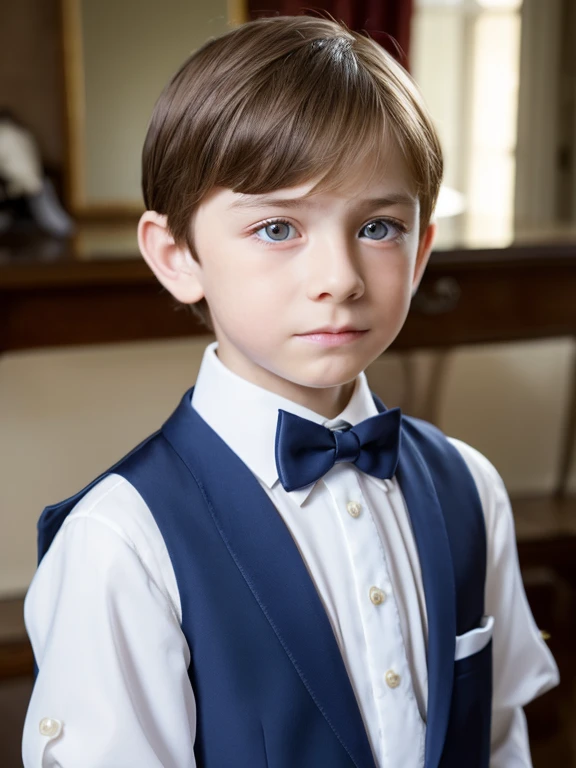 A beautiful and very tender 10-year-old boy with white skin, small blue eyes., light brown hair fine and serious features very serious at home formal clothing well-combed sad melancholic look without smile crying without exaggeration