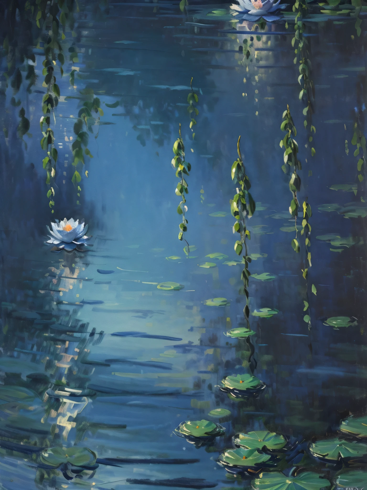 Oil painting by Monet,(best quality,4K,8k,high resolution,masterpiece:1.2),Very detailed,Practical,Beautiful moonlight lotus pond,Peaceful atmosphere,Reflected on the calm water,Lush lotus leaves,Lotus flowers blooming,Detailed water ripples,Lotus Planter Silhouette,Gentle night breeze,Quiet atmosphere,Soft moonlight illuminated the scene.,Subtle changes in light and shadow,Midnight blue and silver colors,Impressionist style,serene natural beauty,Poetic and nostalgic,Romantic atmosphere,The quiet beauty of moonlight,Dreamy and wonderful,Delicate petals under the moonlight,Graceful,Lotus flowers bloom.