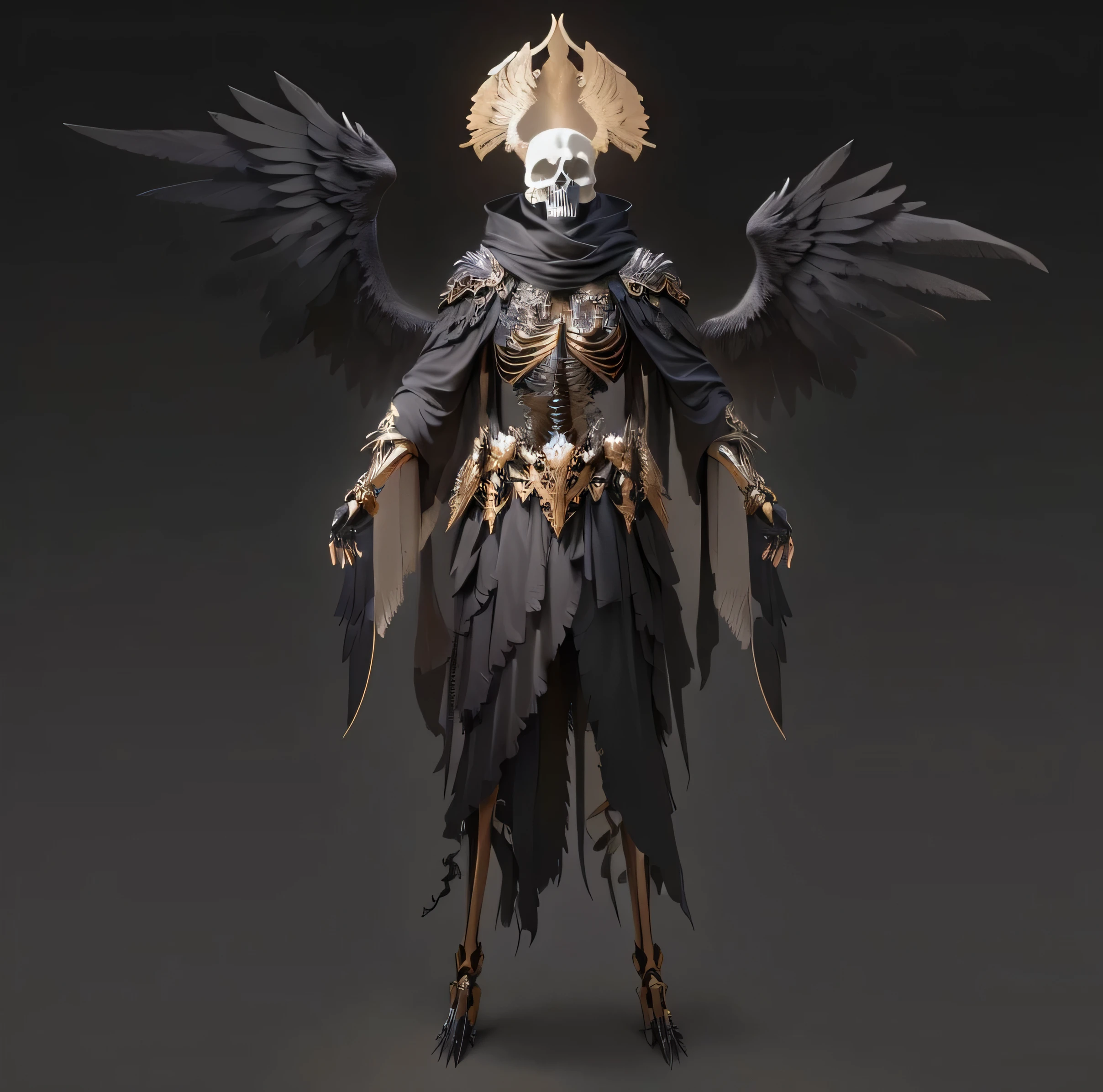 Rendering of a skeleton with wings and skull, detailed Whole body concept, Super detailed fantasy characters, Whole body concept, Black Arakolla Eagle Warlord, Demon's Souls concept art, concept art of a monk, Demon Noble Character Design, Fantasy character concept, complex fantasy character, Winged people, dark fantasy character design, Senior Concept Artist, Detailed Whole body concept art