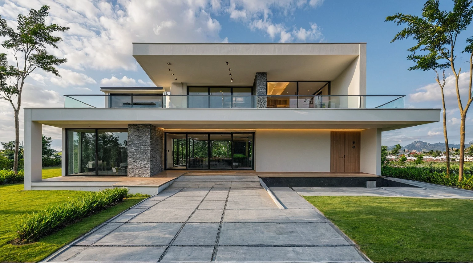 Masterpiece, high quality, best quality, authentic, super detail, outdoors, onestoreyvillaXL, aiaigroup, house style modern on the street ,stairs, white wall ,road,pavement, grass, trees, sky, cloud, (daylight:1.1)