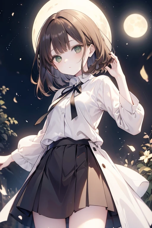 Brown Hair Girl, Medium Hair, Loose, Green Eyes, Pale skin, With the moon shining in the night, I raise my arms