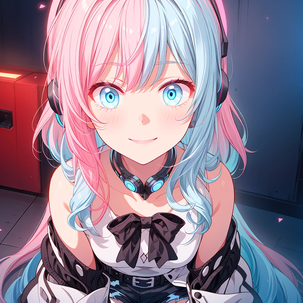 highest quality、highest quality、8K、Ultra-high resolution、highest quality、Super detailed、Perfect Face、Very detailed、Very delicate、1 girl、((solo))、(scared)、Gorgios、Bangs above the eyebrows、Soft Hair、Shoulder-length hair、Medium Hair((Light blue on the left、The right is pink))、((Light blue eyes))、Black long-sleeved shirt、Black shorts、belt、smile、Mouth closed、Expressive eyes、Colorful eyes、contrast、Shadow、Digital Art、Shining Eyes、damage、Detailed face、Detailed eyes、Detailed Background、Dark Background、White and black base、Black liquid、Neon headphones、