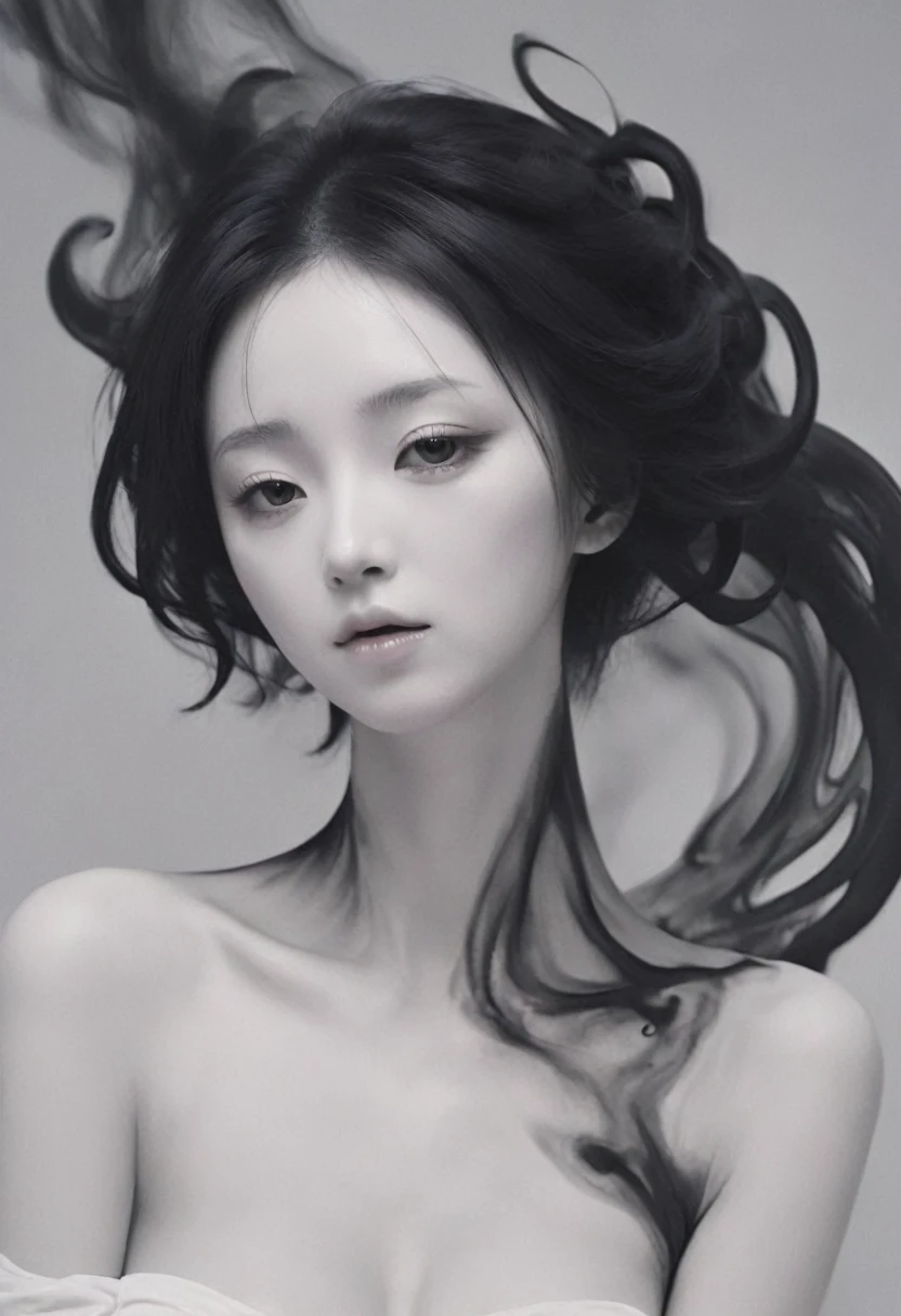 White Spirit_darkly,A girl made up of black smoke,1个Giant Breast Girl
