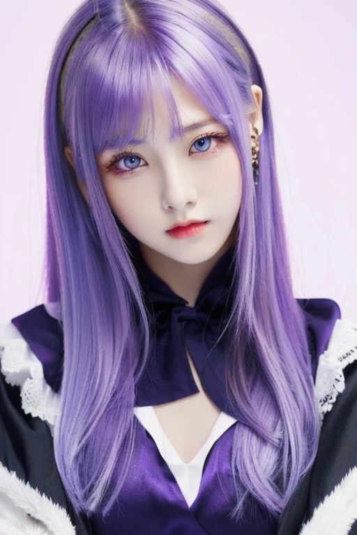 1 girl with purple hair and purple eyes wearing a purple outfit,realistic
