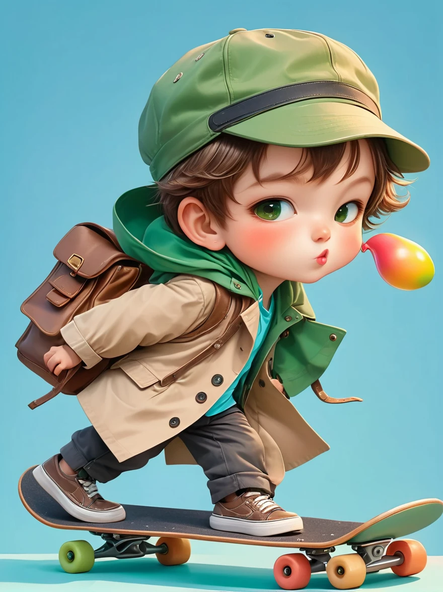 A young playful ，Wears a beige hat，Wearing a matching trench coat，Wild brown hair and playful green eyes peeking out from under the hat，In one hand he held a small brown school bagBREAK and in the other hand he held a colorful toy gun，Confident and slightly naughty smile，On a skateboard，Light blue background，full body，chibi anime，Surrealism，cartoon Q version, by Tiago Hoisel