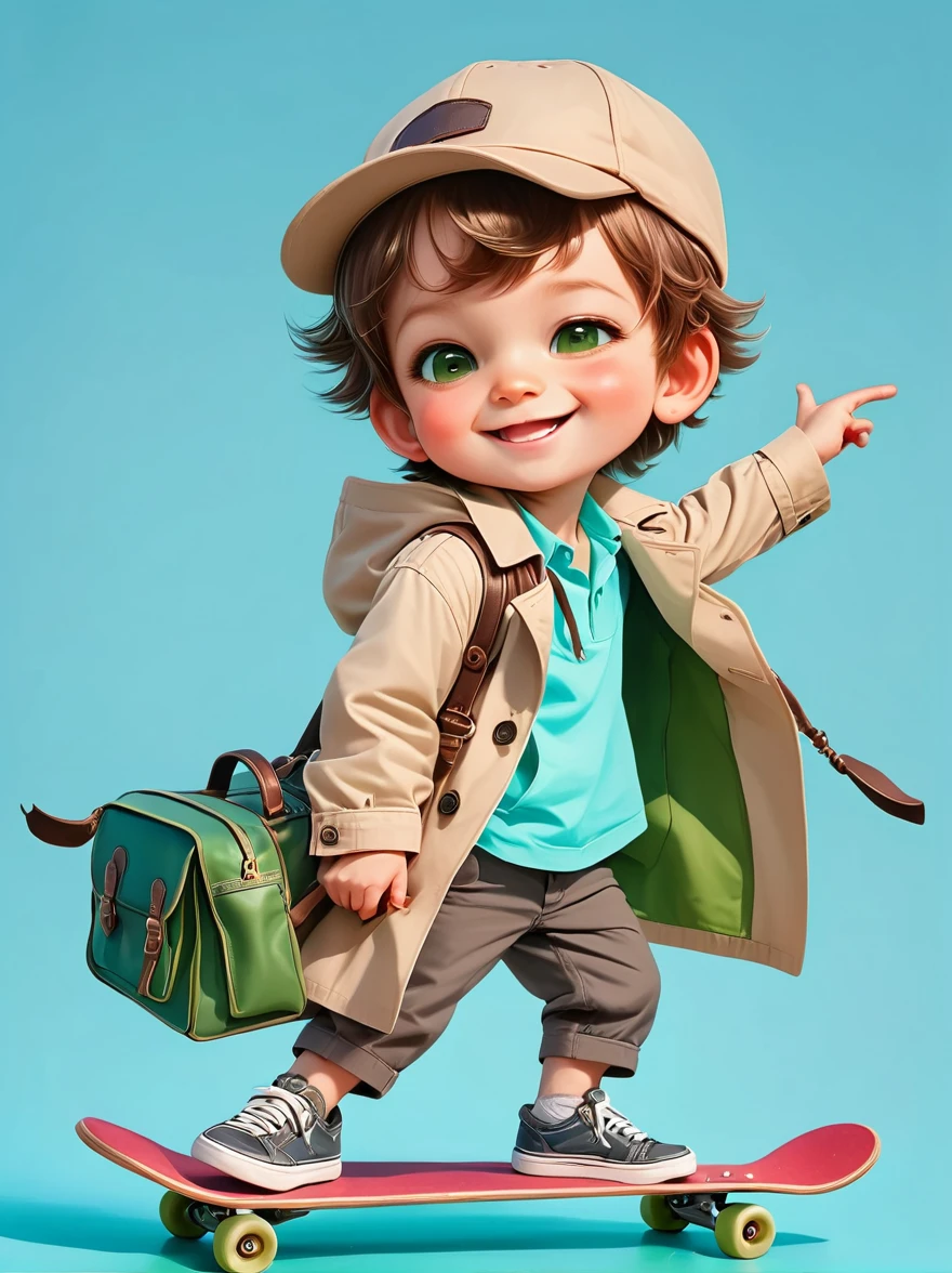 A young playful little boy,Wears a beige hat,Wearing a matching trench coat,Wild brown hair and playful green eyes peeking out from under the hat,In one hand he held a small brown school bagBREAK and in the other hand he held a colorful toy gun,Confident and slightly naughty smile,On a skateboard,Light blue background,full body,chibi anime,Surrealism,cartoon Q version, by Tiago Hoisel