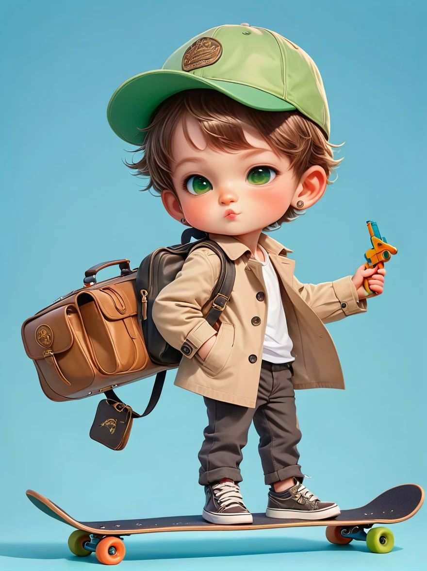 A young playful boy,Wears a beige hat,Wearing a matching trench coat,Wild brown hair and playful green eyes peeking out from under the hat,In one hand he held a small brown school bagBREAK and in the other hand he held a colorful toy gun,Confident and slightly naughty smile,On a skateboard,Light blue background,full body,chibi anime,Surrealism,cartoon Q version, by Tiago Hoisel