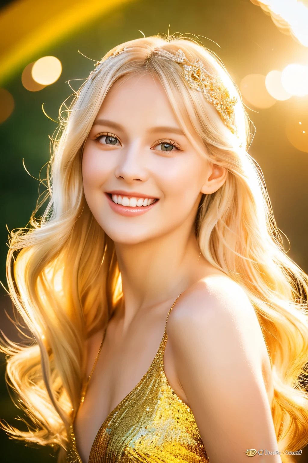 (best quality,4k,8k,highres,masterpiece:1.2),ultra-detailed,(realistic,photorealistic,photo-realistic:1.37),blonde hair,fair skin,beautiful,smiling,goddess,golden dress,rainbow wings,golden background,gemstone tiara