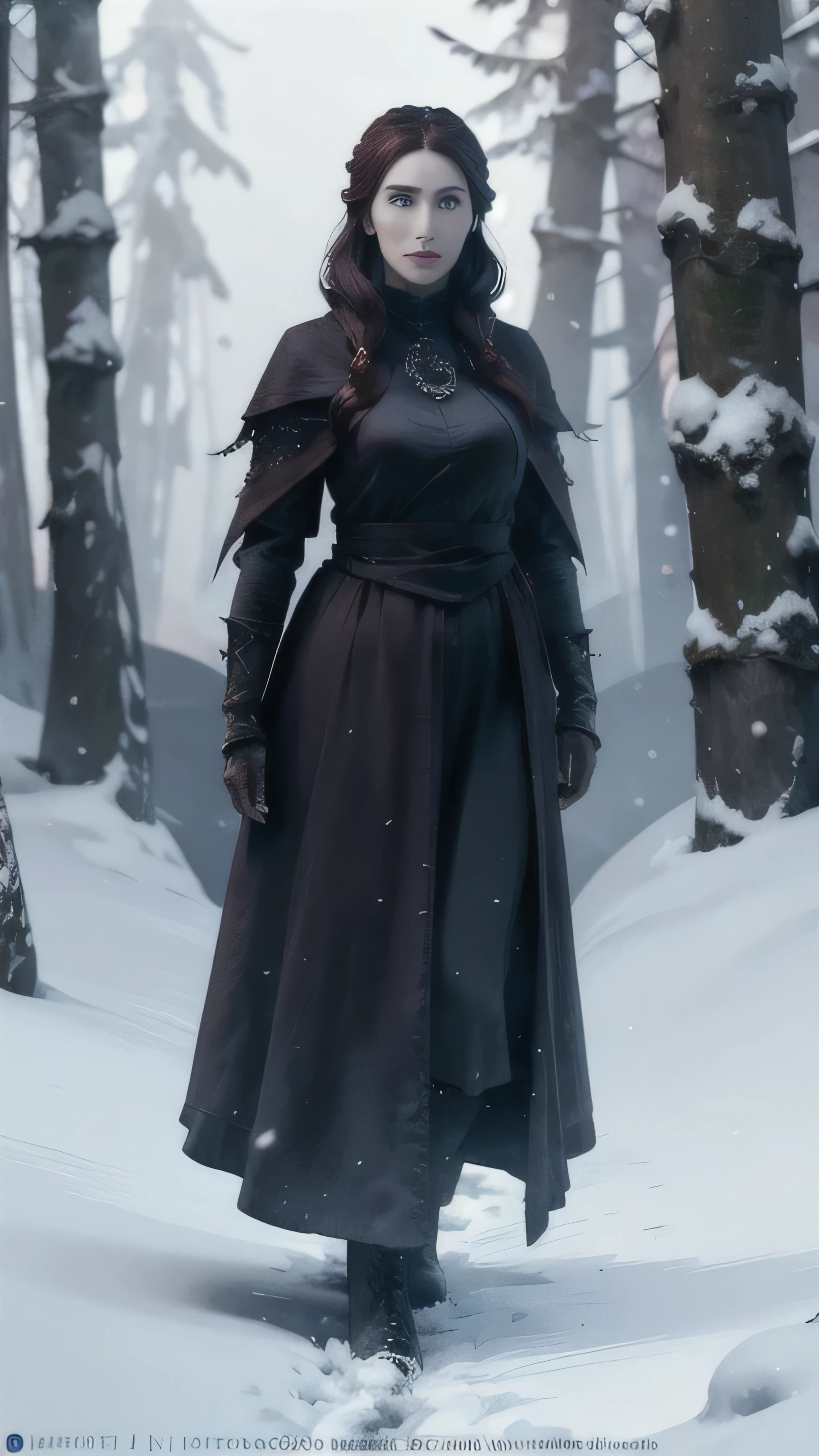 frostpunk, (Carice van Houten) as Melisandre, ruby coat, boots, (frostpunk witch), standing, in the forest, winter, snow, (1woman), (solo), (full body view), beautiful detailed glow, detailed, cinematic light, intricate detail, realistic, highres, detailed facial features, high detail, sharp focus, smooth, aesthetic, extremely detailed, stamp, octane render