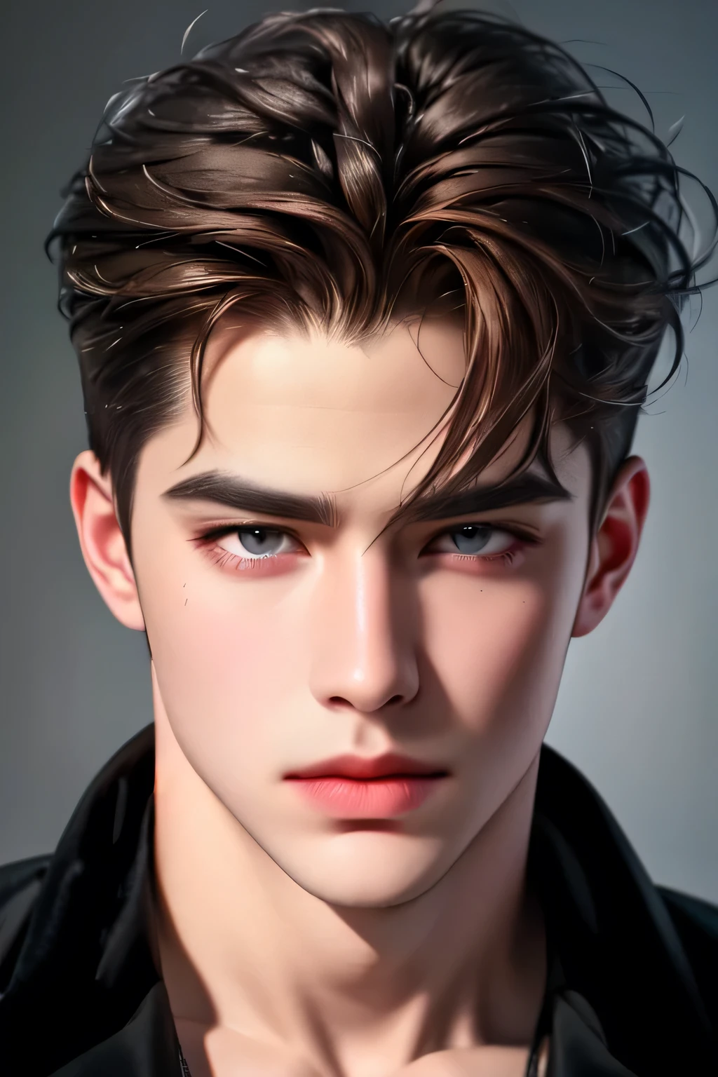 high quality, 8k, Ultra detailed, hdr, human only, studio light, Masterpiece, front of a face, Handsome face, Focus on your audience, young man, light-brown hair, azure big beautiful grey eyes, closed mouth, messy hair, dynamic pose realistic, detailed and correct facial structure, pomade hair style