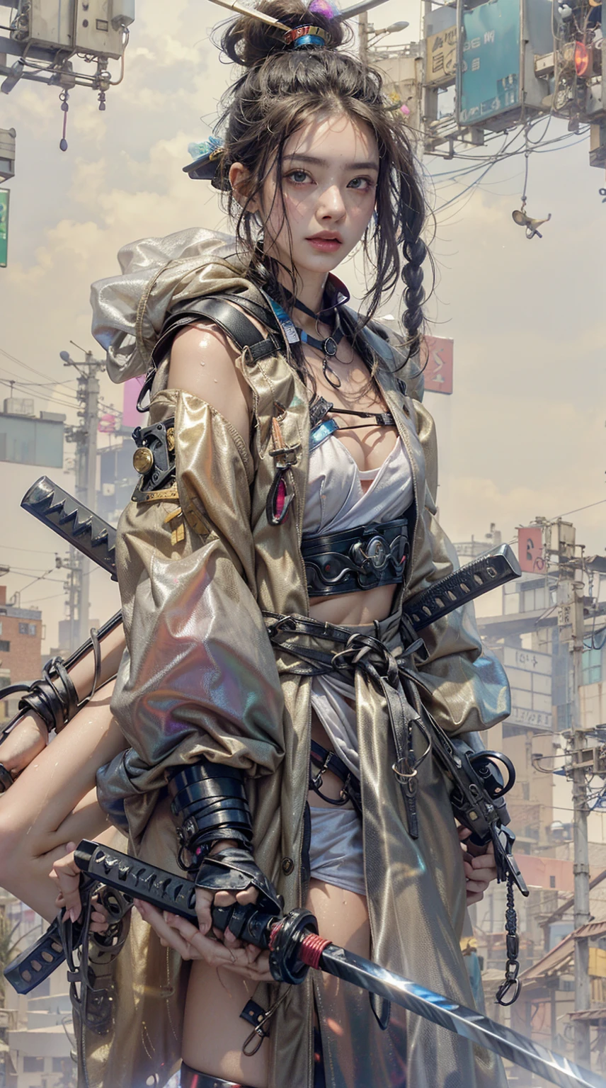 highest quality、Surreal、Perfect Anatomy、Crowded downtown area、Surrounded by spectators、Crowd、Wet and shiny white skin、Sweat dripping all over the body、Slender model figure、Ahegao、blush、micro bikini、rainbow hair、soaked、Super small face、Collars and Leads、Natural lighting、Photo session、Japanese sword、Cleavage、Cyberpunk City、Neon lights、Cyberpunk Girl、Long coat、samurai、