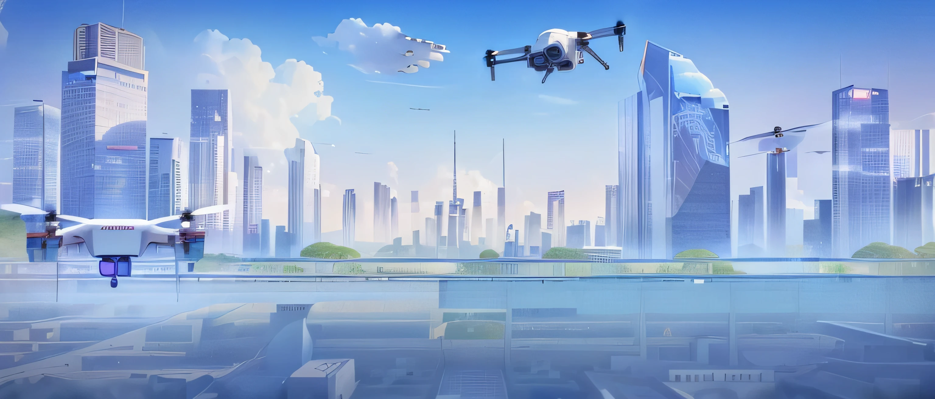 There is a photo of a Drone flying over the city, skyscrapers and flying cars, Drones in the sky, fly over a city, flying Drones, Flying over the city, Drones Track, in a flying city, Drones, Drones view, Techno City in the background, Buildings are flying, Drones overlook the city, Aerial illustration