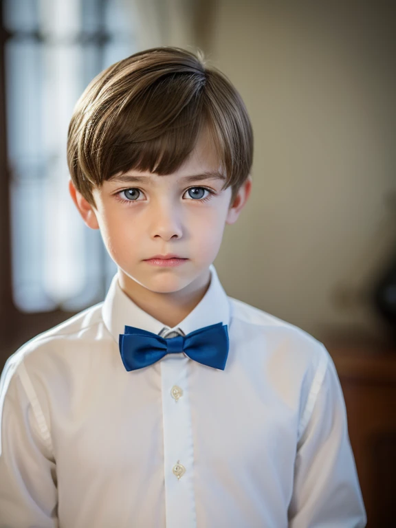 A beautiful and very tender 10-year-old boy with white skin, small blue eyes., light brown hair fine and serious features very serious at home formal clothing well-combed sad melancholic look without smile crying without exaggeration discreet tears