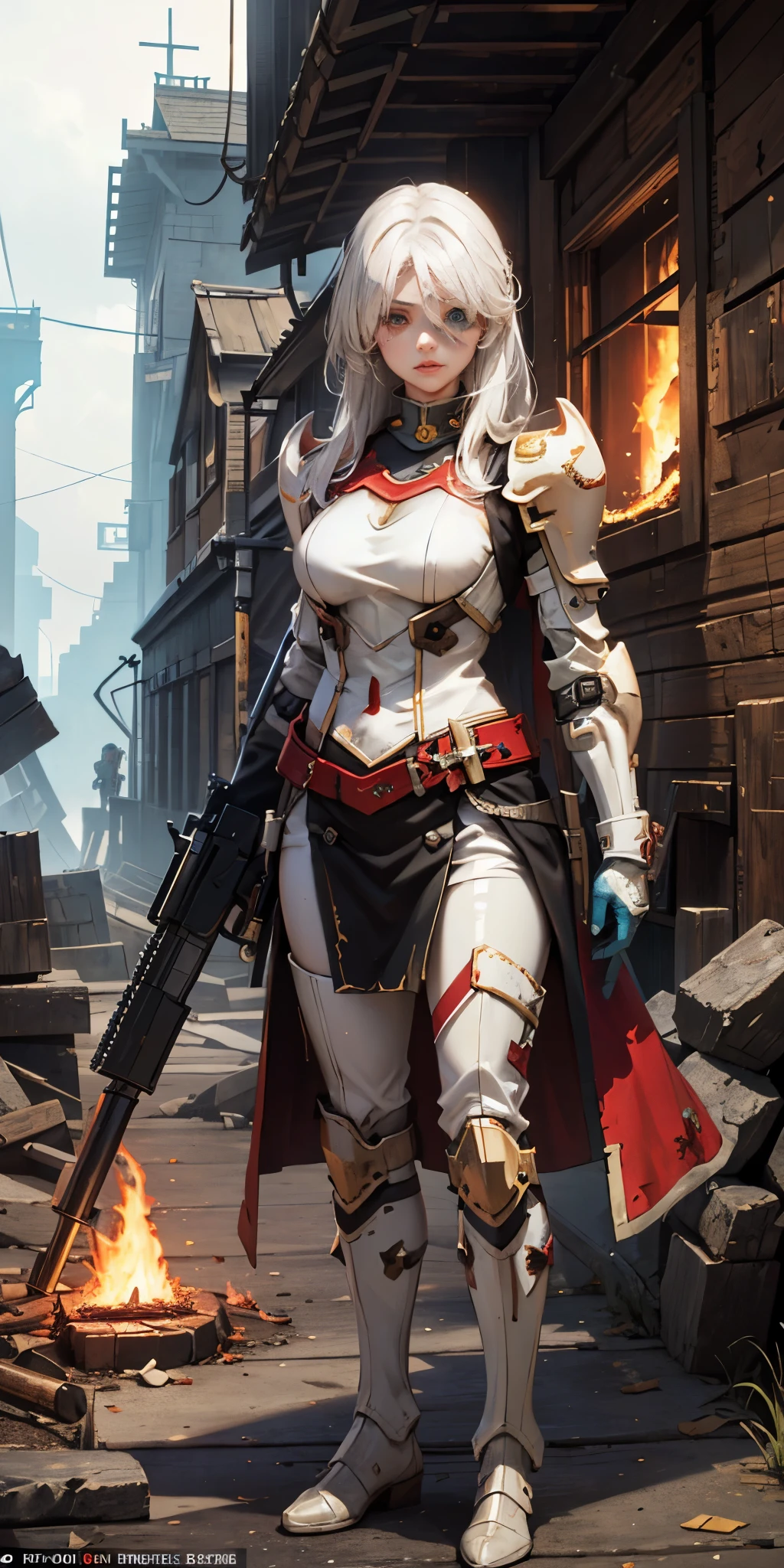 (masterpiece:1.2), (best quality:1.2), perfect eyes, perfect face, perfect lighting, 1girl, mature whsororitas with a laser rifle in her hands, scar over one eye, eyepatch, red tabard, white hair, warhammer 40k, chaos, fire, scifi, detailed ruined city background, power armor