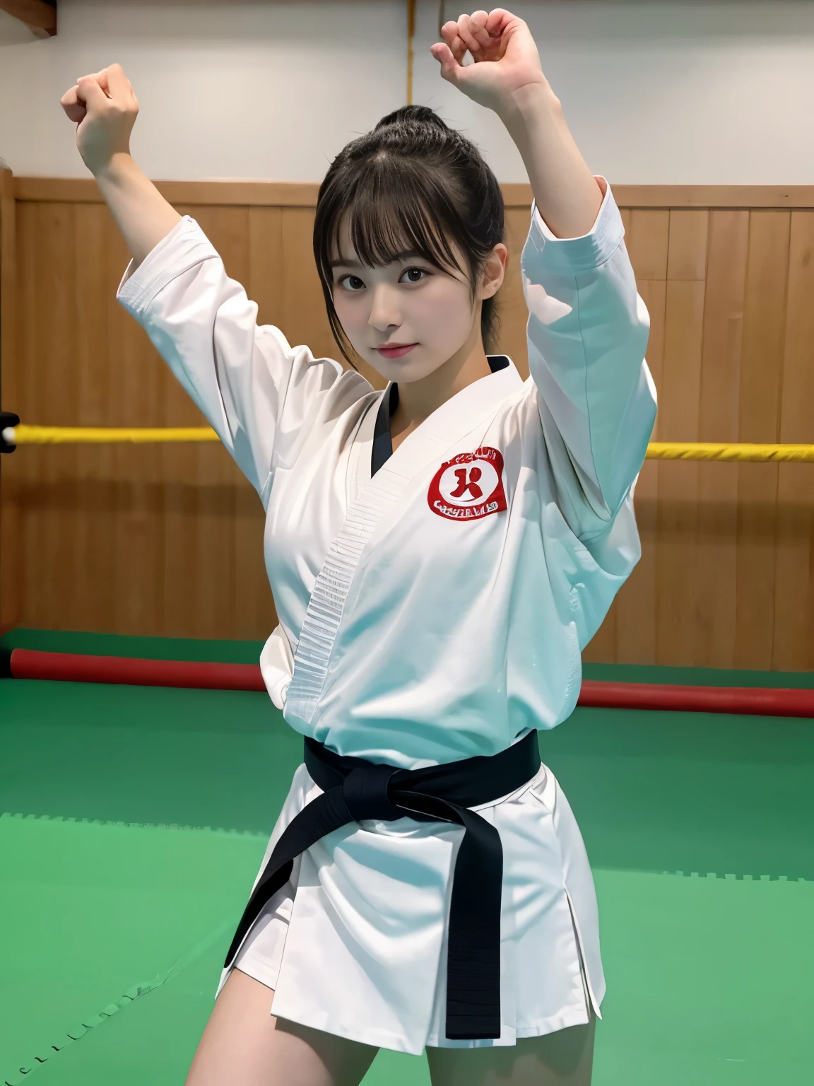Best image quality,highest quality,masterpiece,4K,8k,highest quality,女性karate,in a karate道場 ring,  Chudan Gyakutsu pose, karate, Young Japanese Woman, Japanese Girls,karateのUniform,Black belt,karate大会、whole body、Big Breasts、Uniform、whole body