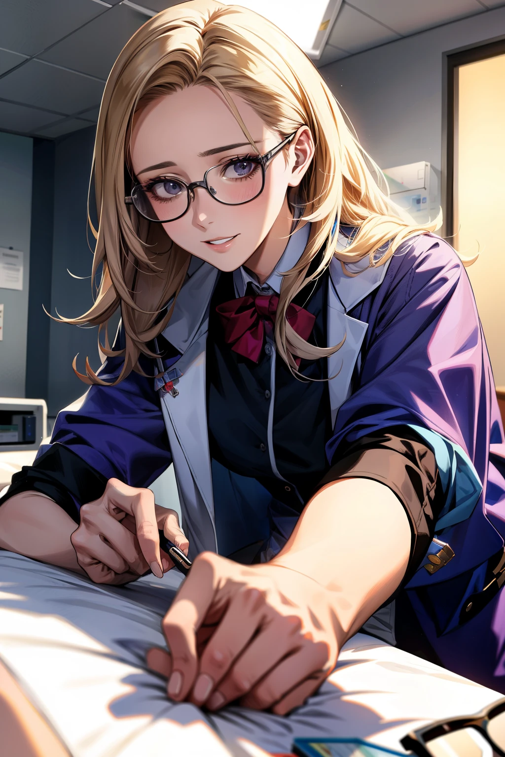 Australian aristocrat girl, (32 years old), in the hospital, room, doctor outfit, bony, glasses, top angle, alluring expression, (masterpiece, best quality, extremely detailed, hyper realistic) 