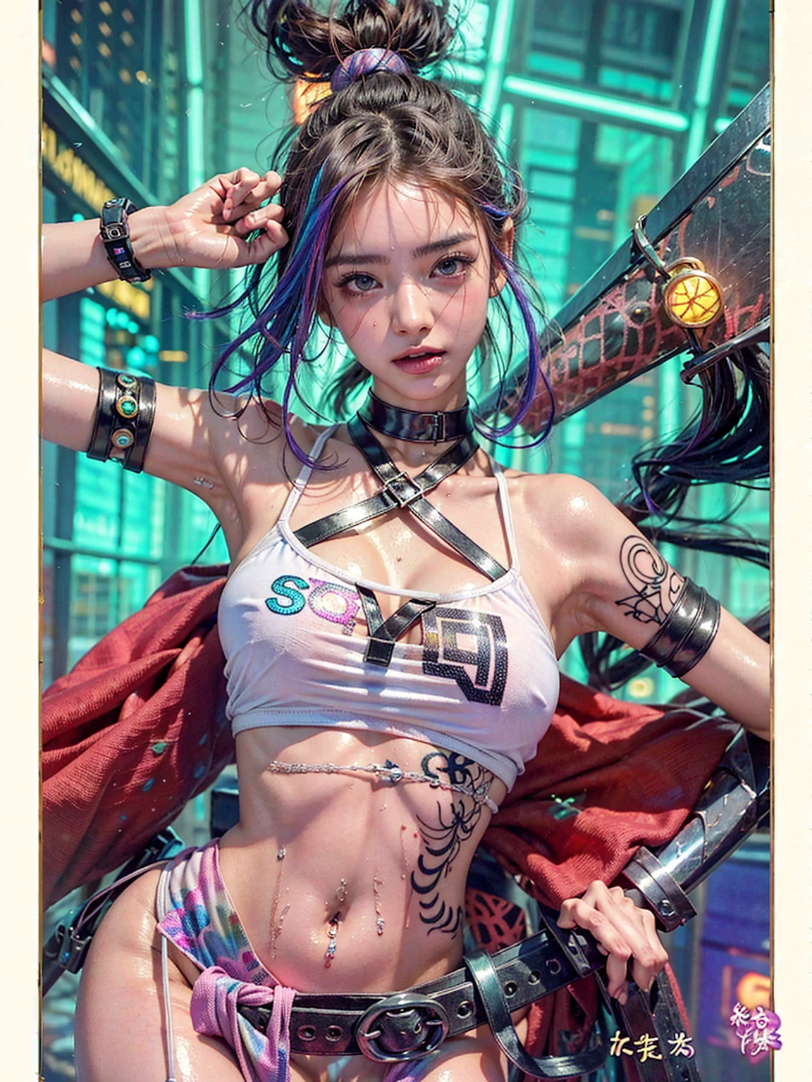 highest quality、surreal、perfect anatomy、crowded downtown area、Wet and shiny white skin、model body shape、micro bikini、Sweat dripping all over the body、rainbow hair、Super small face、blush、Ahegao、Natural lighting、Surrounded by spectators、Crowd、Photo session、Cleavage、Cyberpunk City、Neon lights、Japanese sword、tattoo、
