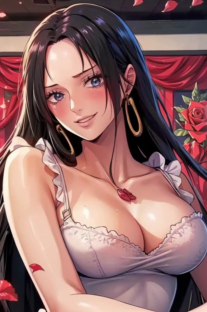 best quality, masterpiece, highly detailed,1girl, ((rose)), (vine), cage, bandage, red rope, (detail light), falling rose petals, Boa Hancock, , (masterpiece:1.5), Detailed Photo, Smiling, Sexy, (8K, Best Quality: 1.4), (1girl), Beautiful Face, (anime realistic Face), (Black Hair, long Hair: 1.3), Beautiful Hairstyle, Realistic eyes, beautiful detail eyes, (white skin), beautiful skin, absurd, attractive, ultra high resolution, ultra realistic, high definition, golden ratio, (sexually aroused:1.5), Pinkish white skin, cool white light, sexy pose, Beautiful , white background, pink soft white light, Wear a white dress, sexy armpit, black lace bra