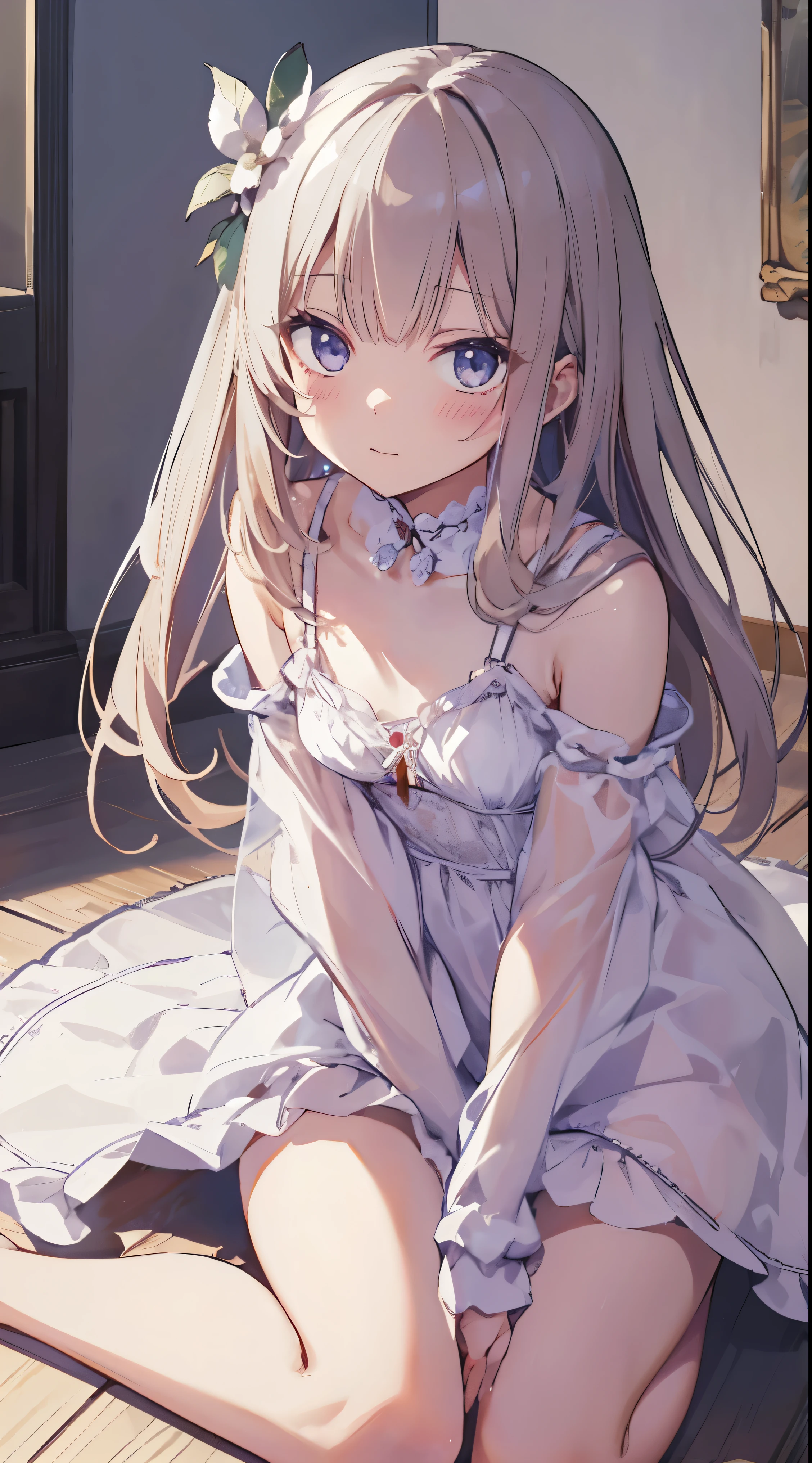 Masterpiece、Highest quality、highest quality、(((Lori)))、 ((((Petite))))、Shiny hair quality、Small face、Sitting、Super detailed, beautiful, wide eyes、Ultra-detailed, clear and beautiful faces、(cute illustration:1.2), High-resolution, ultra-detailed, best quality, embarrassed、Cute white underwear、Thighs