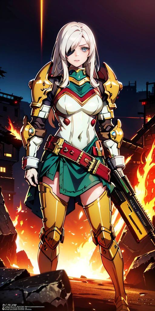 (masterpiece:1.2), (best quality:1.2), perfect eyes, perfect face, perfect lighting, 1girl, mature whsororitas with a laser rifle in her hands, scar over one eye, eyepatch, red tabard, white hair, warhammer 40k, chaos, fire, scifi, detailed ruined city background, power armor