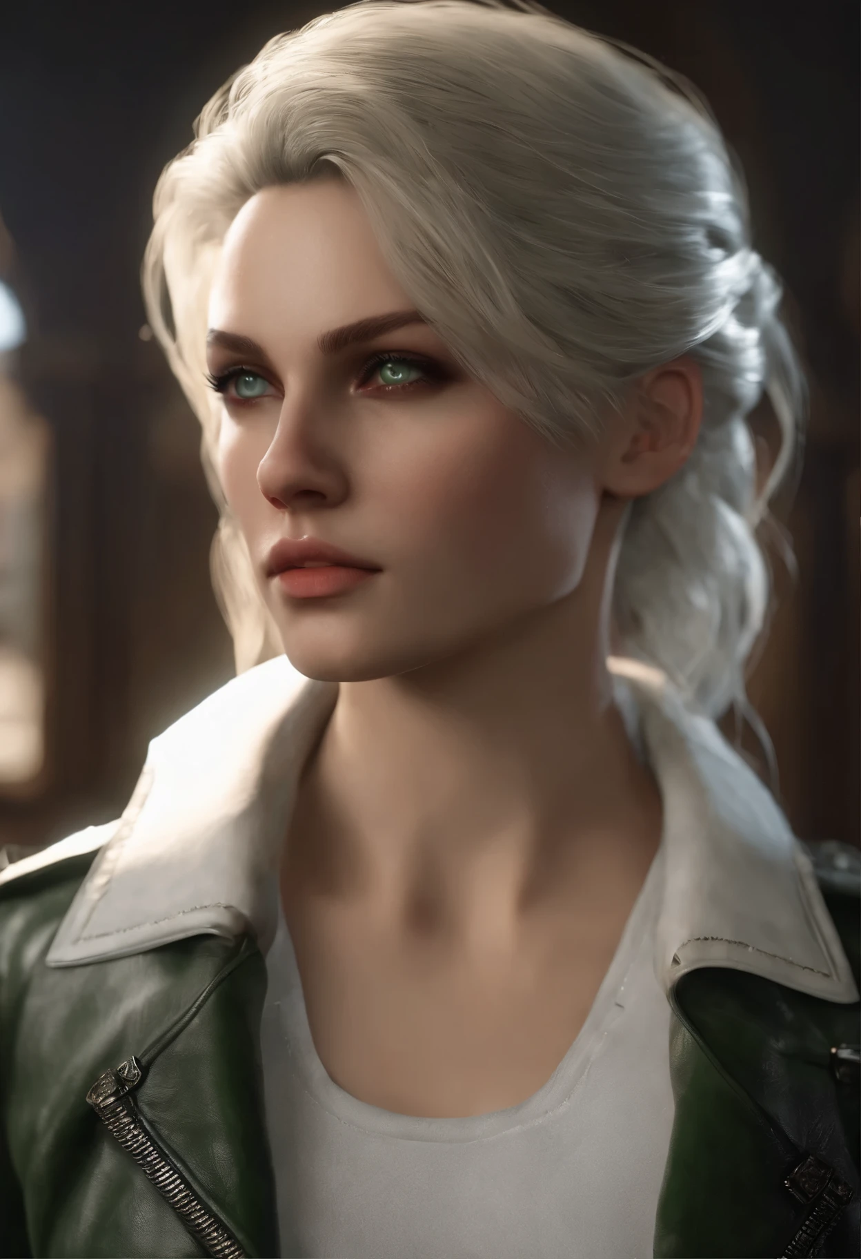 (((fotorealistic))), foto, high qualIstoy, (rosto e olhos ultra-detalhados: 1.3),(Baseado no jogo Devil May Cry 5), ((fotorealistic)), foto, cinematic, quadro intrincado, 1 garota, white hair + white almost pale skin + green eyes + serious face + white eyelashes + white eyebrows + black leather jacket + white t-shirt + long giant hair + ethereal beauty + perfect features + extremely beautiful + angelic beauty , Captura de tela do jogo,  atmosfera sombria, + white hair + green eyes+ extremely beautiful+ Isto&#39;It&#39;s raining, predominam as cores cinza, (ultra detalhado)