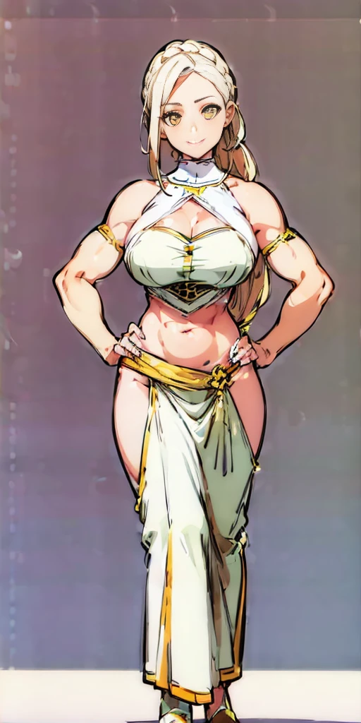 (((Plain background 1:2))) (masterpiece, high quality: 1.1) 1girl full body standing, hairstyle with a braid, white colored hair, yellow eyes, perfect lighting, muscular, thighs, mature woman, mummy, bellybutton, abs, looks at the viewer smile RED CHEEKS, extremely huge breasts, maternal, porcelain skin, extra very long hair, sparkly skin, good face, chest cover, HANDS ON HIPS