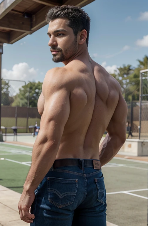 hombre maduro, Mejores calidades, Physical Education Teacher, solo bragas, Obra maestra, super high resolution, antecedentes detallados, realidad, illustration, soltero, 1 chico, hombre musculoso, barba, escuela, patio de juegos, muscles, vello facial, volumetric lighting, profundidad de campo, sibilancias, entrepierna levantada. Jeans backside
