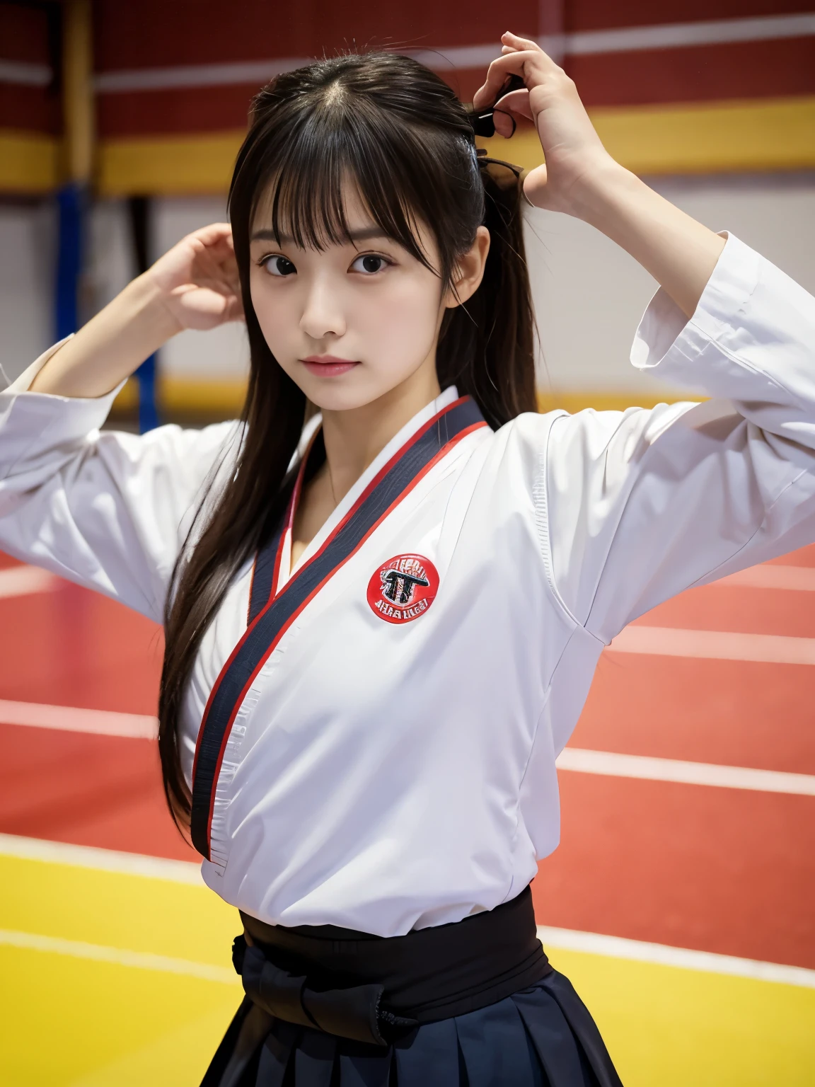 Best image quality,highest quality,masterpiece,4K,8k,highest quality,女性karate,in a karate道場 ring, Chudan Gyakutsu pose, karate, Young Japanese Woman, Japanese Girls,karateのUniform,Black belt,karate大会、whole body、Big Breasts、Uniform、mini skirt、Too much exposure、No bra、Big