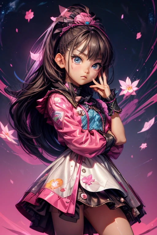 (Suzuka Nakamoto), woman with pink and blue makeup and a pink and blue jacket, brown girl in a cosmic dress, cartoon look, ava max, large eyes, lisa frank style, long brown hair and large eyes, ahegao face, alexa grace, wearing atompunk jumpsuit, inspired by Lisa Frank