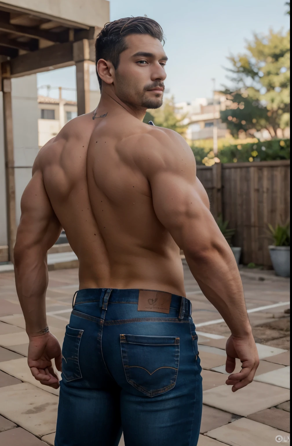 hombre maduro, Mejores calidades, Physical Education Teacher, solo bragas, Obra maestra, super high resolution, antecedentes detallados, realidad, illustration, soltero, 1 chico, hombre musculoso, barba, escuela, patio de juegos, muscles, vello facial, volumetric lighting, profundidad de campo, sibilancias, entrepierna levantada. Jeans backside man 