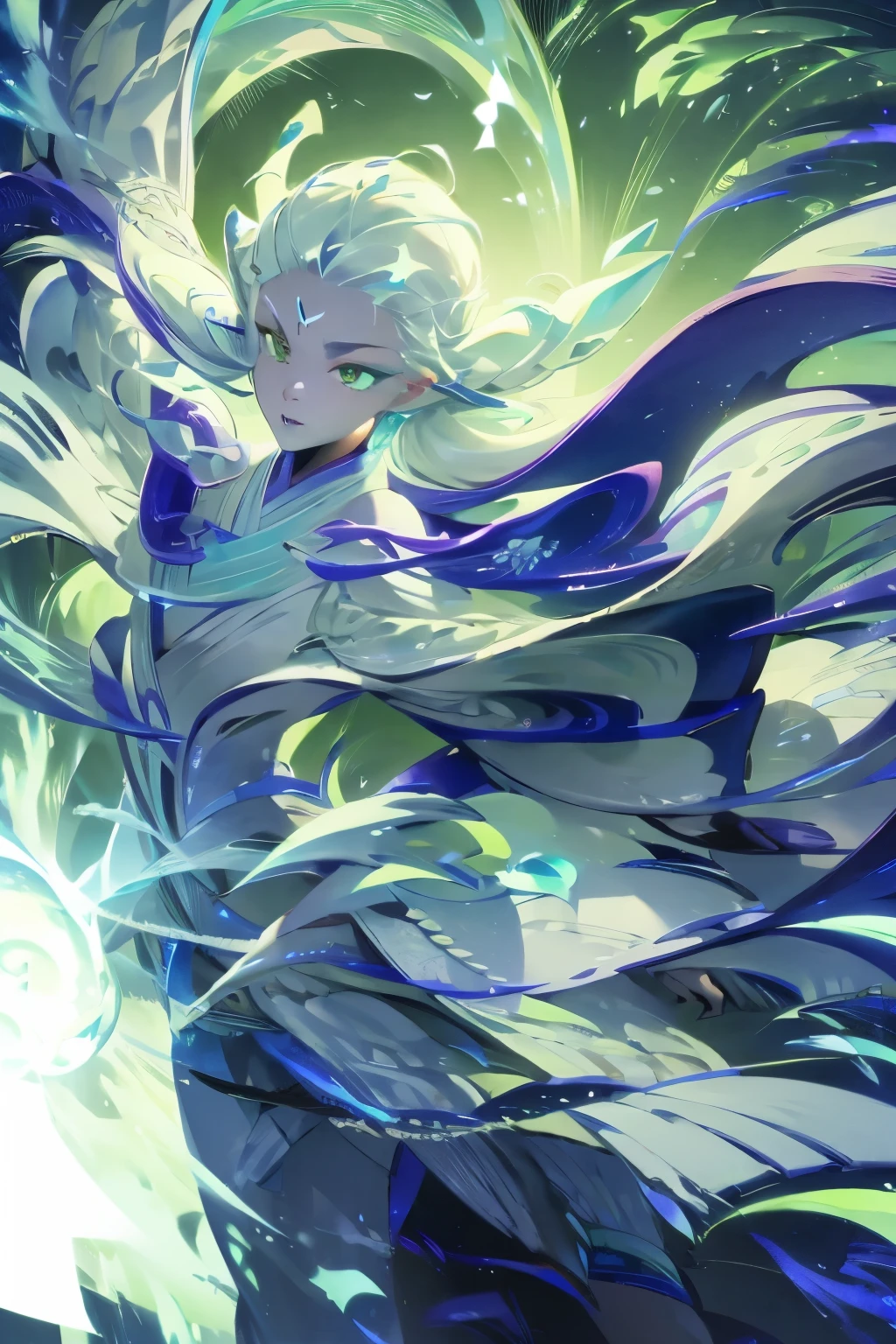 Hanfu, (Ru_group), Tree, pool, white hair, Green Eyes, Nashida_Genshin Impact, child, masterpiece, best quality