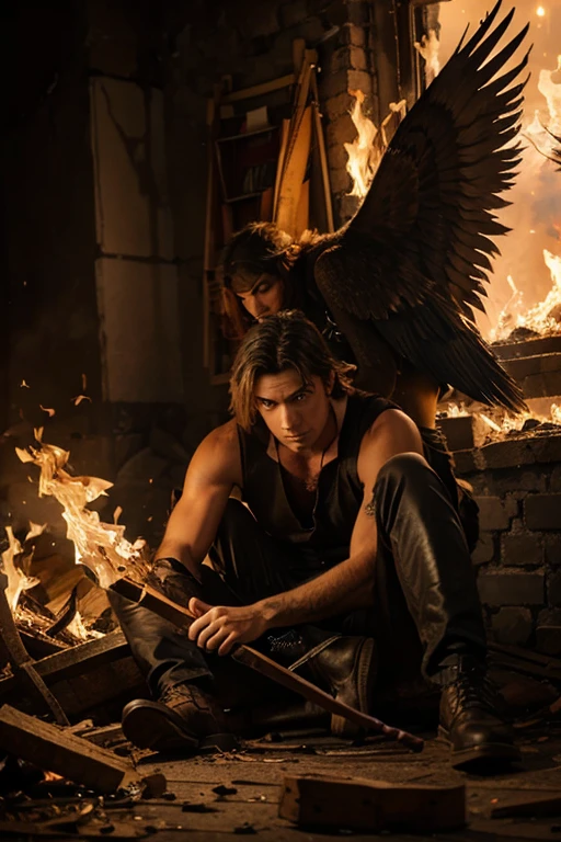 Man fallen angel eyes on fire broken heart in saddlery