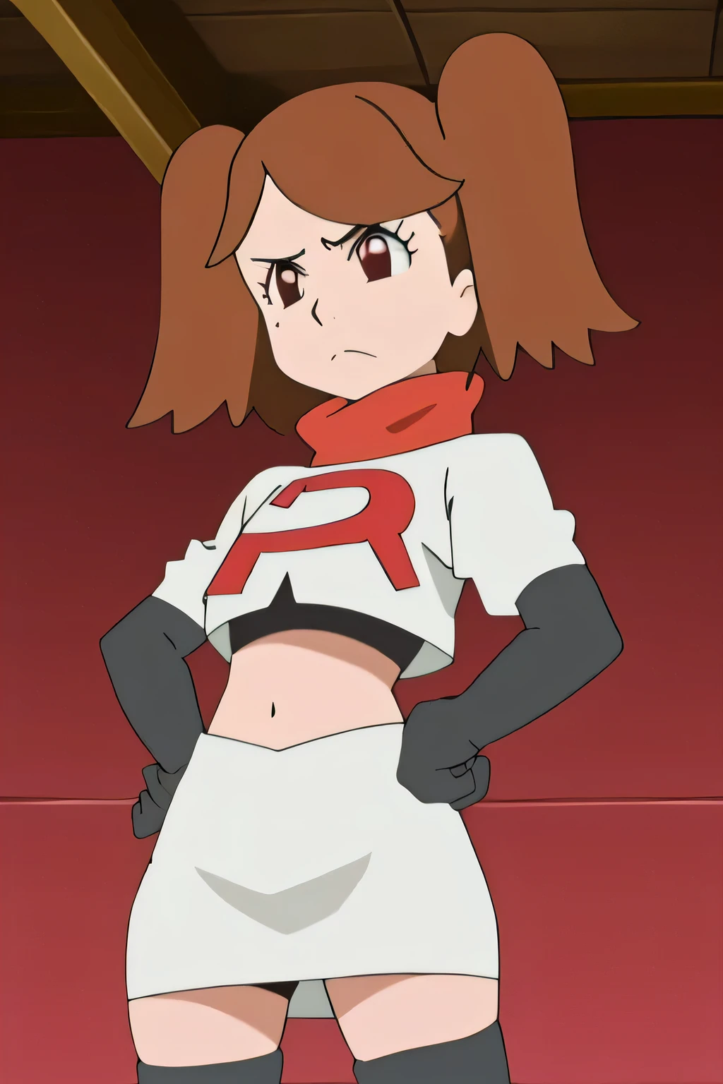 masterpiece,best quality,high res,high quality,8k, masterpiece,highres, team rocket uniform, red letter r, white skirt,white crop top,black thigh-high boots, black elbow gloves, glaring angrily, looking down at viewer, hands on hips, cowboy shot, zettai ryouiki,spread legs,from below, black panties,anime style, vivid colors, sharp focus, intense lighting,namida suzameno,two braids,brown hair,brown eyes