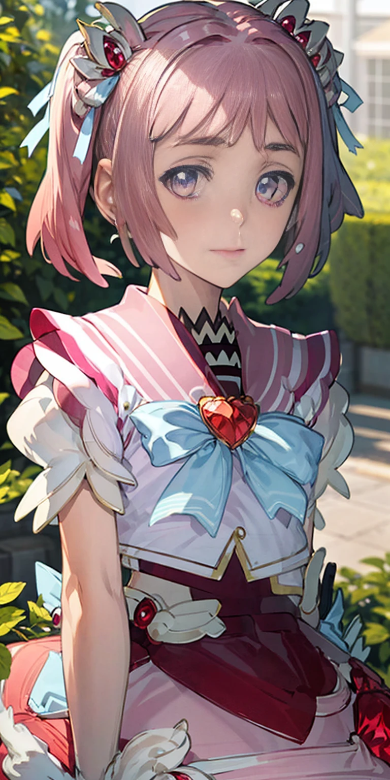 masterpiece, best quality (Mamika Kirameki) Fairy, 1girl, solo, looking at viewer, garden, portrait, close-up, anime coloring, ribbon, heart, jewelry, sailor collar, brooch, upper body, dress