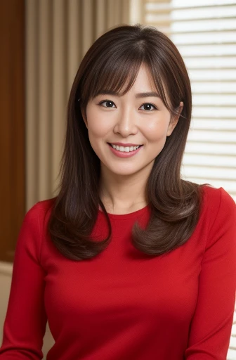 Masseter Film, highest quality, masterpiece, High resolution, realism, Original photo, 8k wallpaper, perfection, Professional Lighting, Very detailed, Written boundary depth, ((Beautiful woman)), ((Sexy 40 year old woman in red)),, ((smile)), Detailed face, Beautiful Eyes,, bangs, A photo of your face, (sexy look), voluminous long brown hair, (Thick lips), Look at the viewer from the front,ponytail