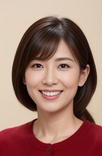 Masseter Film, highest quality, masterpiece, High resolution, realism, Original photo, 8k wallpaper, perfection, Professional Lighting, Very detailed, Written boundary depth, ((Beautiful woman)), ((Sexy 40 year old woman in red)),, ((smile)), Detailed face, Beautiful Eyes,, bangs, A photo of your face, (sexy look), voluminous long brown hair, (Thick lips), Look at the viewer from the front,ponytail