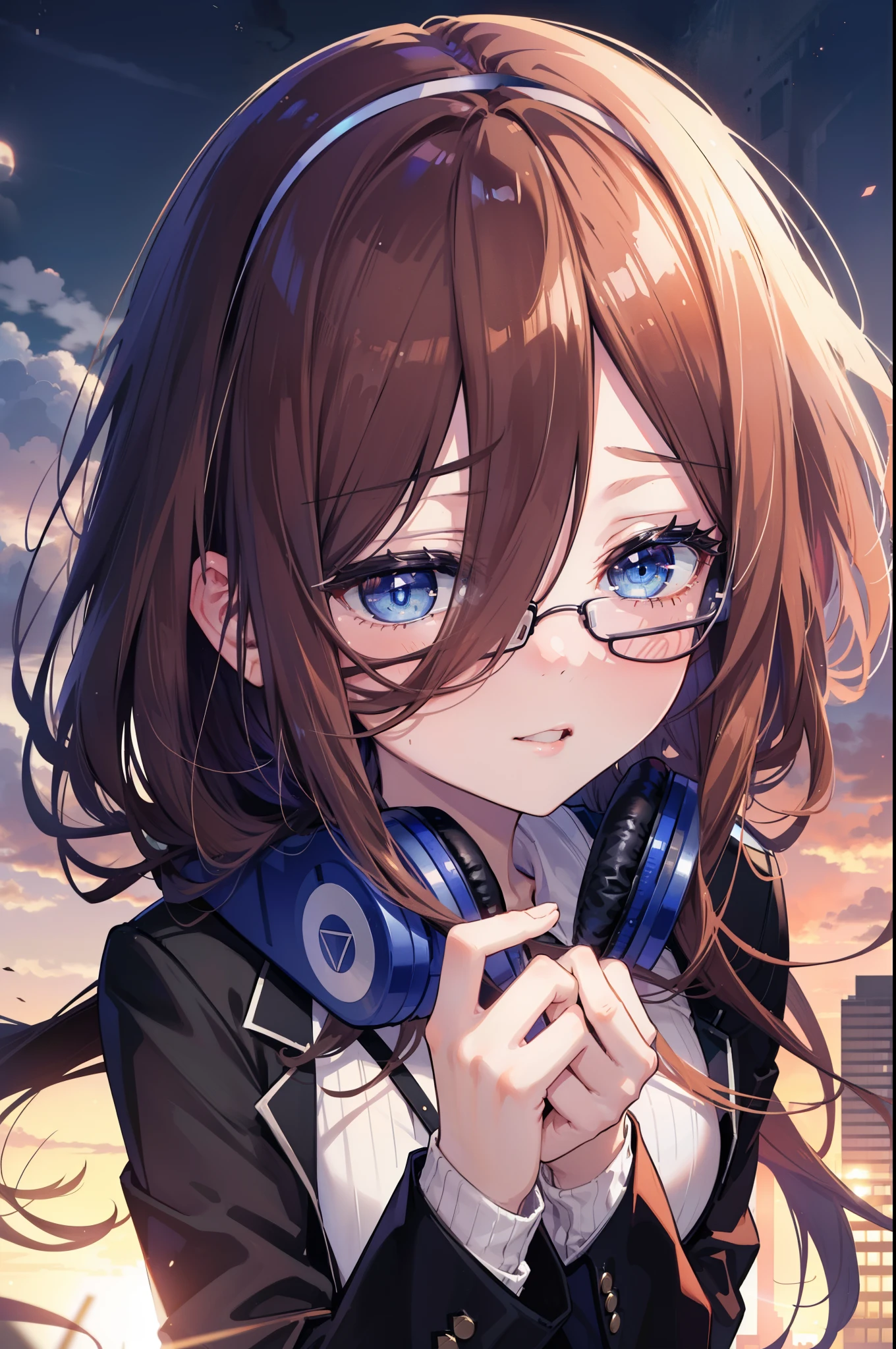 Miku Nakano, Miku Nakano, Long Hair, bangs, blue eyes, Brown Hair,,Blue Hairband ,Hair between the eyes, happy smile, smile, Open your mouth,Headphones around the neck,OL, Akagi glasses, Black suit jacket, Collared jacket, White dress shirt, Collared shirt, Neckline, button, Black pencil skirt, Black pantyhose,Stiletto heels,So that the whole body goes into the illustration,sunset,evening,The sun is setting, Looking up from below,
break outdoors, city,Building district,
break looking at viewer, (Cowboy Shot:1. 5)
break (masterpiece:1.2), highest quality, High resolution, unity 8k wallpaper, (shape:0.8), (Beautiful details:1.6), Highly detailed face, Perfect lighting, Extremely detailed CG, (Perfect hands, Perfect Anatomy),