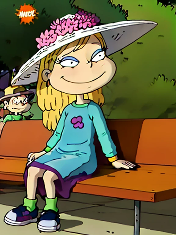 covering the forehead, freckles, blush, Beautiful face, smiling, polka dot dress, straw hat, blond long hair, green shoes, 1 girl , sitting on a bench in the park