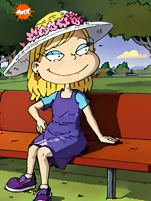 covering the forehead, freckles, blush, Beautiful face, smiling, polka dot dress, straw hat, blond long hair, green shoes, 1 girl , sitting on a bench in the park