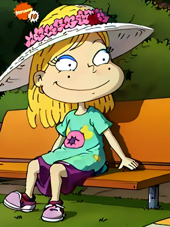 covering the forehead, freckles, blush, Beautiful face, smiling, polka dot dress, straw hat, blond long hair, green shoes, 1 girl , sitting on a bench in the park