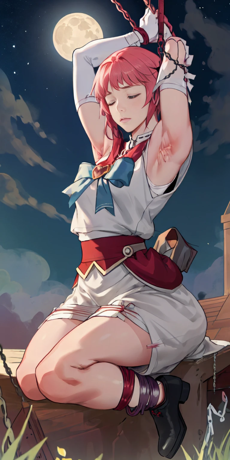 masterpiece, best quality, JingliuV5, 1girl, solo, gloves, gloves, dress, bare shoulders, closed mouth, boots, sky, black gloves, black footwear, blindfold, night sky, full moon, elbow gloves, armpits, arms up, ((chain, bound, restrained:1.3)), sitting, wariza, night, starry sky, sky, cowboy shot, view from below, far shot