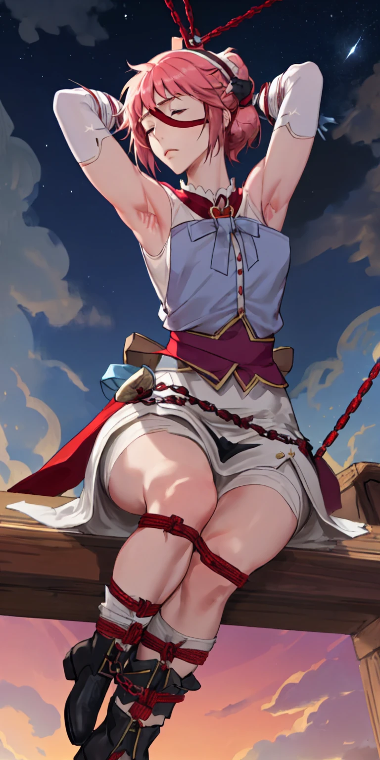 masterpiece, best quality, JingliuV5, 1girl, solo, gloves, gloves, dress, bare shoulders, closed mouth, boots, sky, black gloves, black footwear, blindfold, night sky, full moon, elbow gloves, armpits, arms up, ((chain, bound, restrained:1.3)), sitting, wariza, night, starry sky, sky, cowboy shot, view from below, far shot