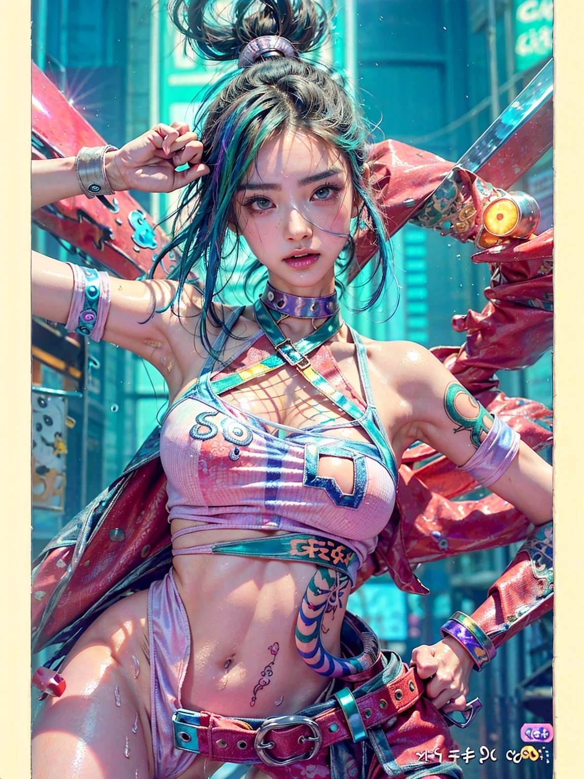 highest quality、surreal、perfect anatomy、crowded downtown area、Wet and shiny white skin、model body shape、micro bikini、Sweat dripping all over the body、rainbow hair、Super small face、blush、Ahegao、Natural lighting、Surrounded by spectators、Crowd、Photo session、Cleavage、Cyberpunk City、Neon lights、Japanese sword、tattoo、paint、