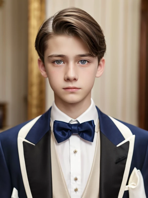 A beautiful and very tender -yeld boith white skin, small blue eyes., light brown hair fine and serious features very serious at home formal clothing well-combed sad melancholic look without smile crying without exaggerating tears
