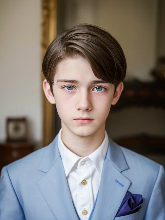 A beautiful and very tender 15-year-old boy with white skin and small blue eyes., light brown curly hair fine and serious features very serious at home formal clothing well-combed sad melancholic look without smile crying without exaggeration