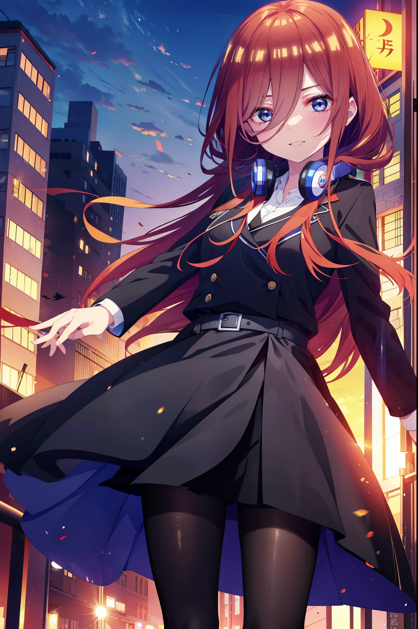 Miku Nakano, Miku Nakano, Long Hair, bangs, blue eyes, Brown Hair,,Blue Hairband ,Hair between the eyes, happy smile, smile, Open your mouth,Headphones around the neck,OL, Akagi Glasses, Black suit jacket, Collared jacket, White dress shirt, Collared shirt, Neckline, button, Black pencil skirt, Black Pantyhose,Stiletto heels,too,sunset,evening,too陽が沈んでいる, As if your whole body is in the illustration,Looking up from below,
break outdoors, city,Building district,
break looking at viewer, (Cowboy Shot:1. 5)
break (masterpiece:1.2), highest quality, High resolution, unity 8k wallpaper, (shape:0.8), (Beautiful details:1.6), Highly detailed face, Perfect lighting, Extremely detailed CG, (Perfect hands, Perfect Anatomy),