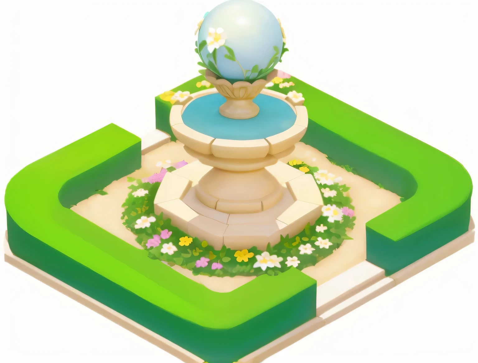 Square flower bed,Flowers,Stone balls,Pixar style,European and American cartoon style